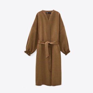 Zara Brown Wool Blend Belted Wrap Coat Size XS